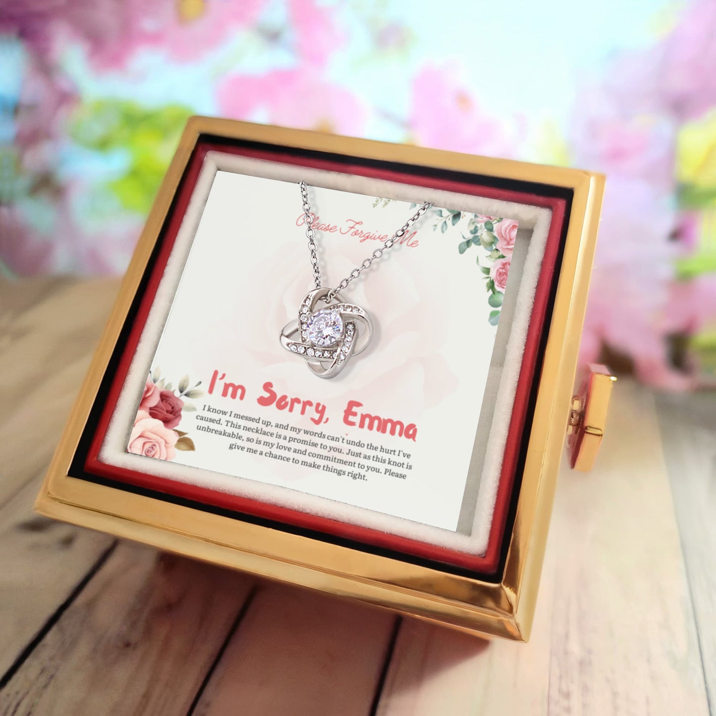 Personalized "I'm Sorry" Gift: Love Knot Necklace with Rose Box