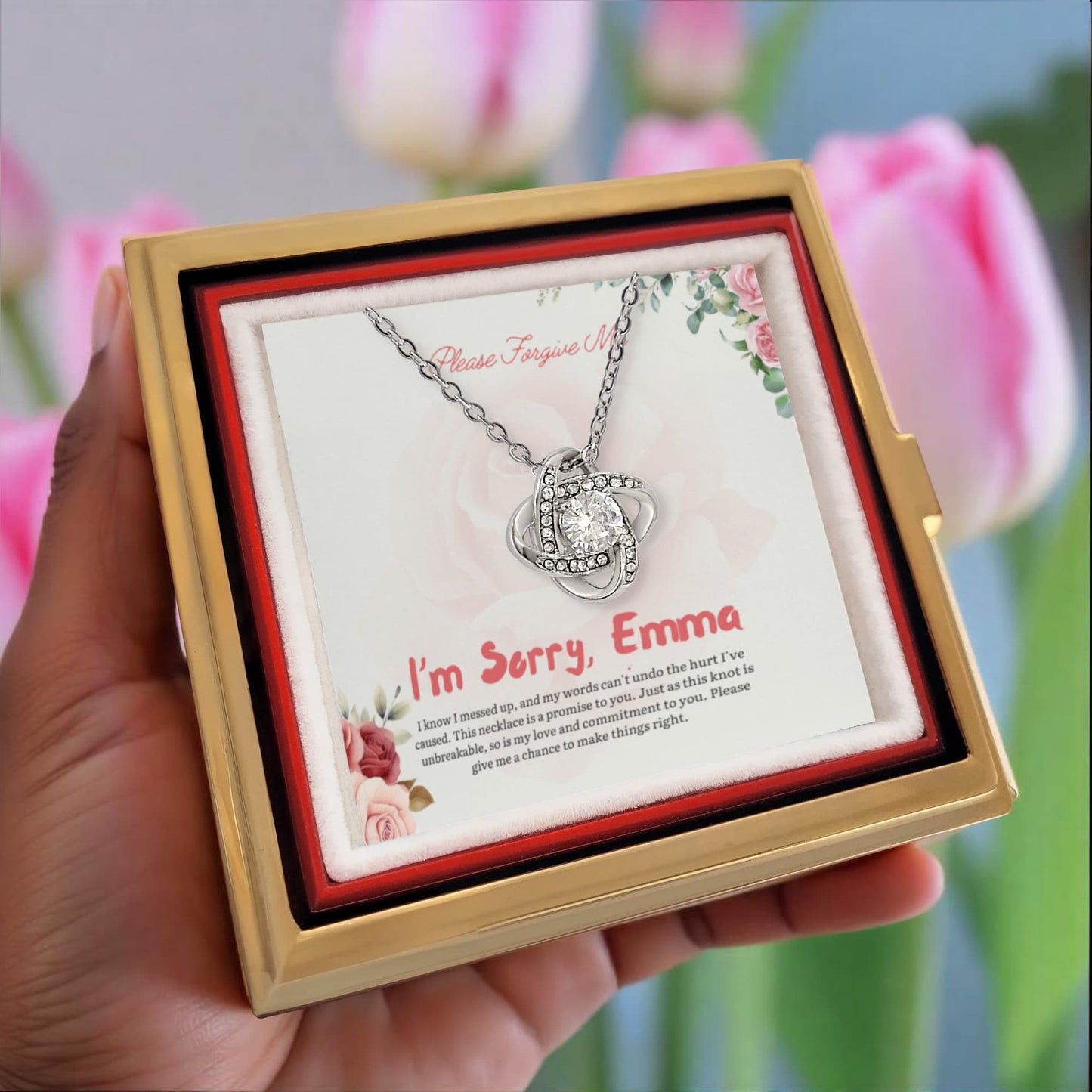 Personalized "I'm Sorry" Gift: Love Knot Necklace with Rose Box