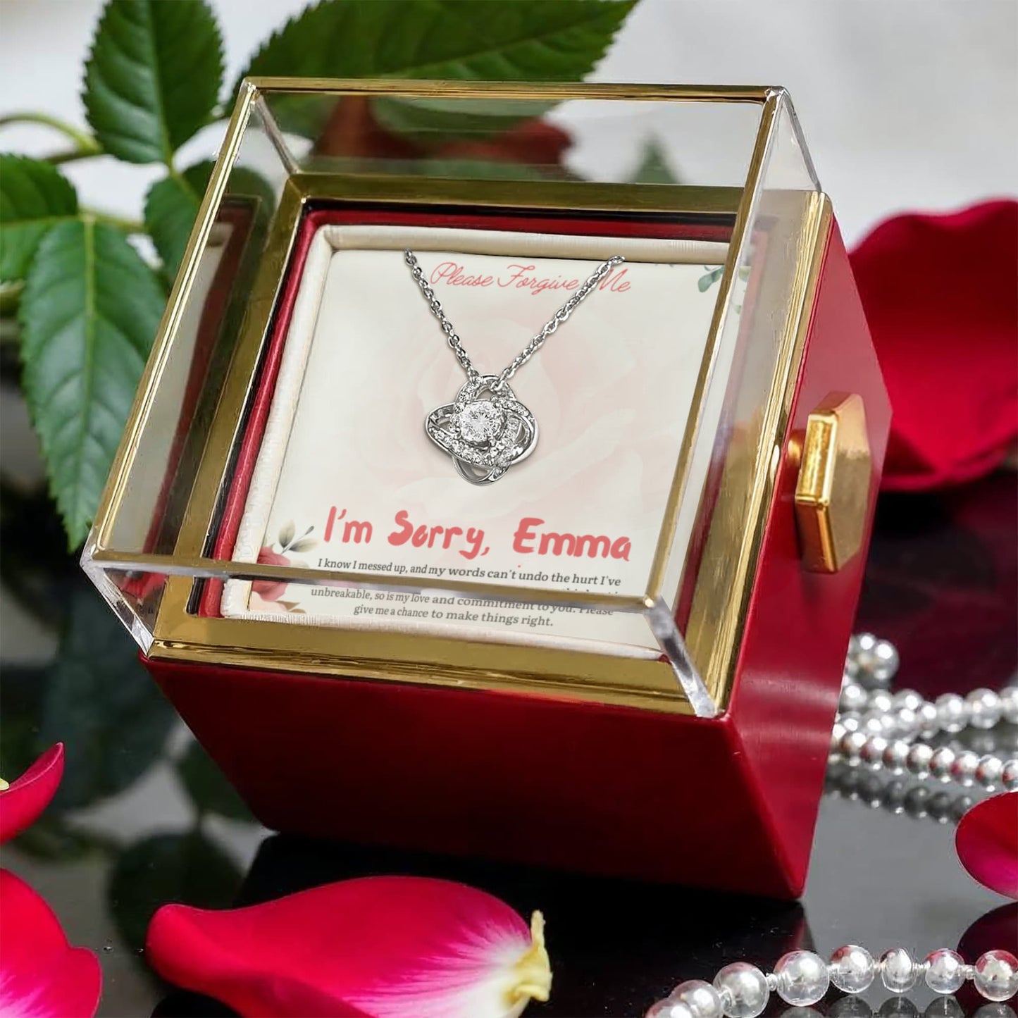 Personalized "I'm Sorry" Gift: Love Knot Necklace with Rose Box